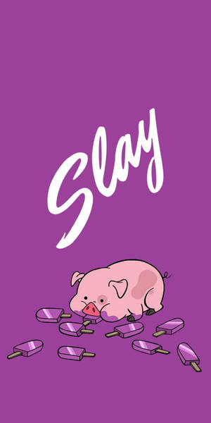 粉紅色卡通豬被紫色冰棒包圍，帶有「Slay」文字。