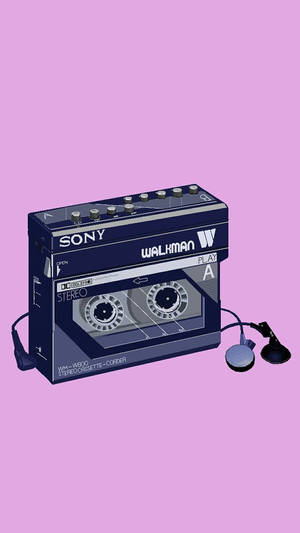復古 Sony Walkman 卡式錄音機配耳機，粉紅色背景。