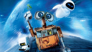 WALL-E 和 EVE 在太空中漂浮，身後是地球，手中拿著一棵嫩芽。