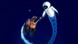 WALL-E 和 EVE 在太空中飛行，留下發光軌跡