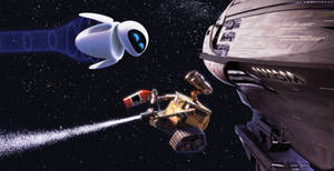 Wall-E 和 Eve 在太空船附近的太空中漂浮，背後有星星。
