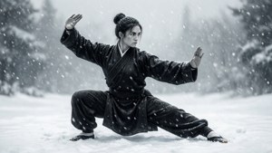 武術家在雪林練習
