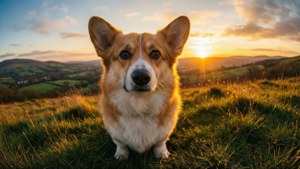 一隻哥基犬在日落時分坐在草地上，背景有山丘。