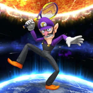 Waluigi 在地球上方的太空打網球，身後有熾熱的太陽。 — 火影忍者海報 壁紙