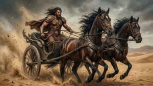 身穿盔甲的戰士駕駛由兩匹馬拉動的戰車穿越沙漠風暴。