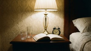 舒適的床頭几，配有燈、書、鬧鐘和眼鏡，放在床邊。