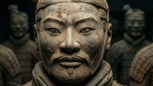兵馬俑戰士雕像的特寫，具有細緻的面部特徵和盔甲。