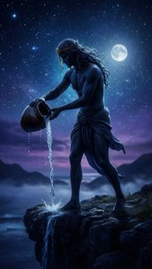 一位神在月光星空下，從壺中倒水到懸崖上
