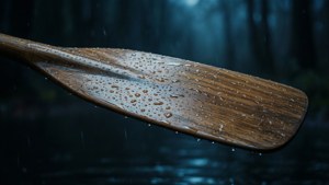 在黑暗森林環境中，一個濕漉漉的木槳帶著雨滴。