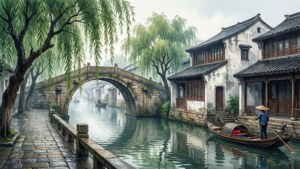 寧靜的運河，有石拱橋和傳統房屋，垂柳下船夫划船。