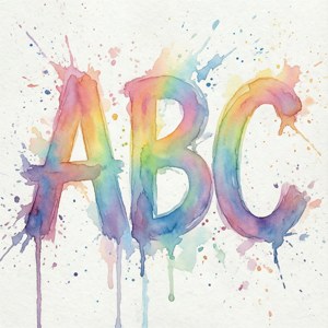 白紙上帶有飛濺和滴落的彩虹水彩字母ABC