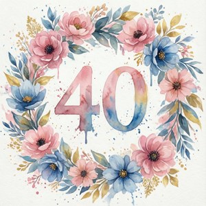 水彩花卉花環，粉紅、藍色和金色花朵圍繞數字40