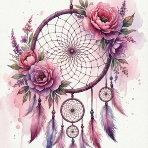 一個以水彩風格裝飾有粉紅花朵、薰衣草和羽毛的捕夢網