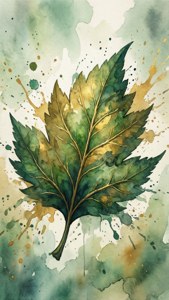 一片綠色和金色的水彩葉子，帶有潑濺背景