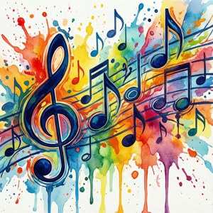 色彩繽紛的水彩藝術作品，包含動態潑濺中的音符和高音譜號。