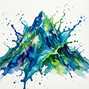 在紋理白紙上帶有藍色和綠色飛濺的抽象水彩山