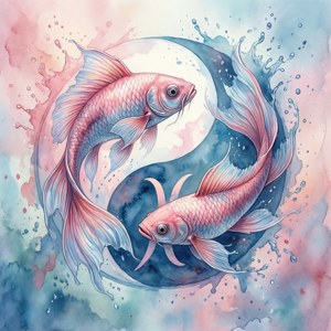 兩條錦鯉在陰陽符號中，帶有水花，背景是粉彩