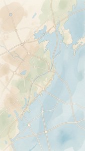 水彩地圖，以米色、綠色和藍色色調顯示道路、湖泊和陸地
