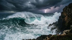 在暴風雨的天空下，巨大的海浪伴隨著閃電衝擊岩石懸崖。