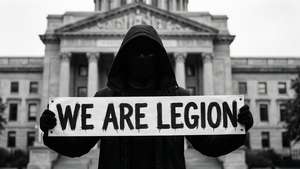 匿名抗議者喺法院前舉起 'WE ARE LEGION' 標語牌