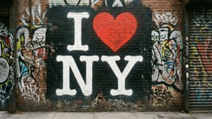 在城市環境中，塗鴉覆蓋的磚牆上的 I heart NY 壁畫。
