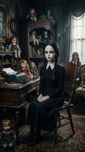 一個穿著黑色連衣裙的年輕女孩坐在一張木桌旁，桌上有一台打字機，周圍環繞著娃娃，在一個哥德式房間裡。