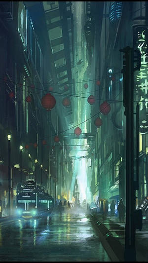 夜晚的未來城市街道，有發光的燈籠和濕漉漉的路面倒影。