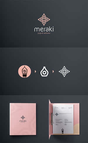 Meraki 瑜伽與健康品牌，包含標誌、粉紅色文件夾和瑜伽姿勢圖標。 — 極簡美學 壁紙
