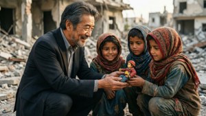 男子在毀壞的建築物中與孩子們分享玩偶。