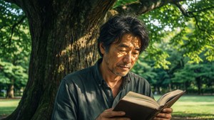 男士在陽光明媚的公園樹下看書。