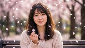 年輕女子在公園裡微笑著手持櫻花瓣，花瓣飄落。