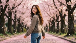 日落時分，女士在春天的路上走在飄落的櫻花下。
