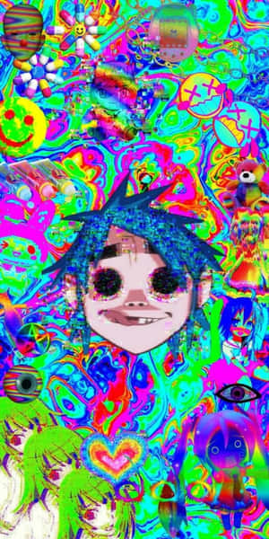 一幅色彩繽紛的數碼藝術作品，包含動漫角色和超現實的故障元素。