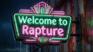一幅以裝飾藝術風格呈現的「Welcome to Rapture」霓虹招牌，在漆黑夜晚中閃爍光芒。 — 生化奇兵 壁紙