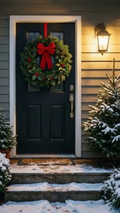 一扇深色前門，帶有被雪覆蓋的花環和台階，在冬天被溫暖的門廊燈照亮。