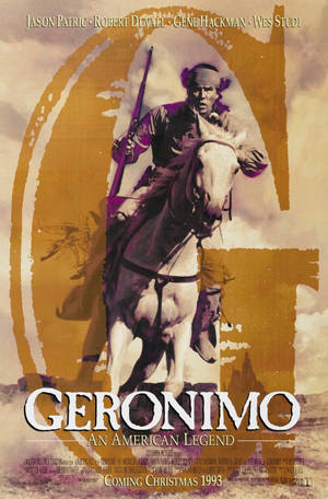 Geronimo 的電影海報，展示了一位騎在馬上的美洲原住民戰士，手持步槍。 — 荷里活 GIF 壁紙