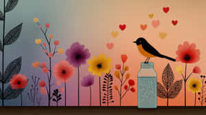 一隻鳥坐在罐子上，被花朵和漂浮的心形包圍，色彩繽紛的插圖。
