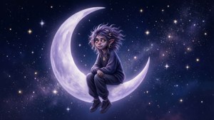 一個年輕的精靈，眼睛發光，坐在星空下的彎月上。