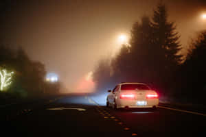 白色汽車在霧氣瀰漫的夜晚道路上行駛，有發光的街燈和裝飾的樹木。 — MacBook Air M3 壁紙