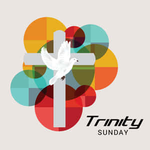 白鴿在十字架旁飛翔，帶有色彩繽紛的圓圈和Trinity Sunday文字。 — iPad 第10代 壁紙