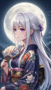 銀發動漫女孩花卉和服拿扇子滿月下