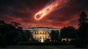 夜間白宮在火彗星劃過紅色天空下被照亮