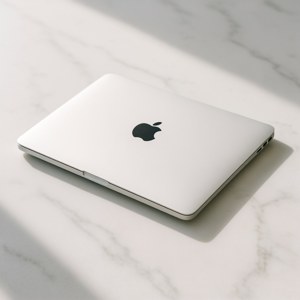 關閉的銀色 MacBook 在白色大理石表面上，帶有柔和陽光陰影