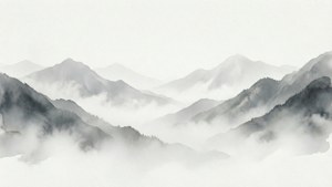 以單色水彩風格呈現，部分被霧氣遮蓋的層疊山峰