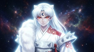 白髮貓耳的動漫角色在太空中穿著帶紅色六邊形圖案的白色長袍