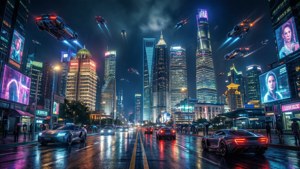 夜晚的未來城市，有飛車和發光的摩天大樓在濕漉漉的街道上。