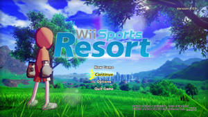 Wii Sports Resort 遊戲選單，有一個卡通角色站在草地上。