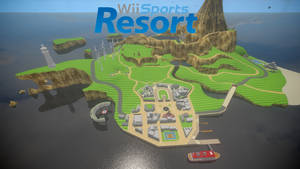 Wii Sports Resort 島嶼，擁有綠色山丘、風力渦輪機和度假村建築，四周環繞著海洋。