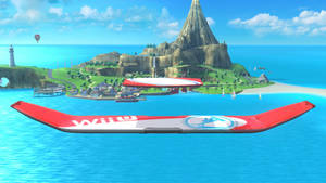 紅色Wii U Gamepad喺一個色彩繽紛嘅島嶼上面浮起，有海同山。