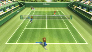 WiiSports網球遊戲，卡通選手在綠色球場上。